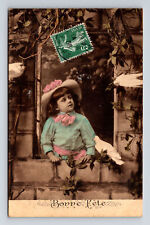 c1908 RPPC Young French Girl Bonne Fete Hand Colored Real Photo Postcard picture