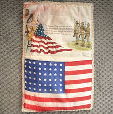 Vintage Forget Me Not Embroidered American Flag Silk Postcard Textile Panel picture