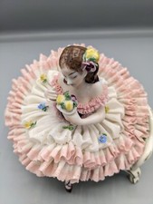Large Vintage German Volkstedt Sitting Ballerina Lace Porcelain Figurine 6.5