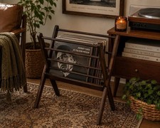Vintage Mid-Century Folding Magazine Rack | Dark Wood Record Holder picture