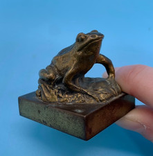 Gilt Bronze Sculptural Frog Paperweight Frog Perched on Textured Rock Feature picture