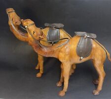 PAIR VINTAGE Leather Wrapped Camel Dromedary Figurine Statue 13” Glass Eyes picture