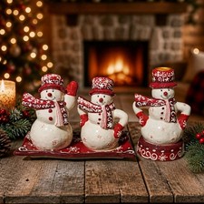 Ganz Bella Casa Set/4 Holiday Snowman Salt Pepper Tray Candlestick Holder picture