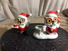 Vtg Set of 2 Napco Ware CHRISTMAS OWL Japan Taper Candle Holder pre-owned picture