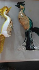 DEFECTIVE Vintage Murano Glass Bird of Paradise  Rare Pair In Yellow And G3D picture
