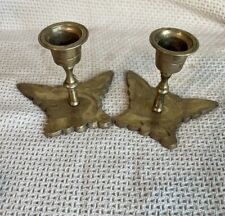 Vintage Solid Brass Butterfly Candlestick Holders Set Of 2 Great Patina 1960’s picture