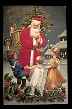 SILK Santa Claus with Happy Children~Toys~Antique Christmas Postcard~k380 picture
