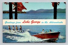 Postcard Greetings from Lake George Water Ski Boat New York, Vintage Chrome N16 picture