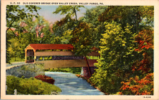 Vintage 1940s Valley Creek Covered Bridge, Valley Forge Pennsylvania PA Postcard picture