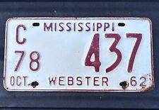 Vintage 1962 WEBSTER COUNTY - MISSISSIPPI license plate Eupora, Walthall, Mantee picture