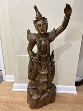 VINTAGE ASIAN THAI BURMESE WOOD CARVED SCULPTURE LARGE STATUE, SCULPTURE 31” T picture