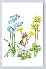 Spring Is Here By Artist Molly Brett Mouse & Flowers Chrome Postcard picture