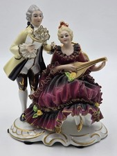 Vintage Dresden Germany Porcelain Lace Figurine Couple Lady Lute Music 5918 picture