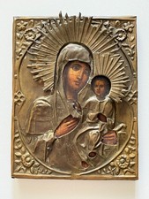 Tsarist Russia. Antique Russian icon of Our Lady of Kazan. 19th century picture