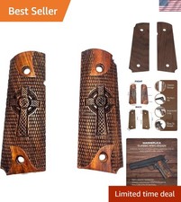 Celtic Cross M1911 Grips - Vintage Style Checkered Wooden Replacement Panel picture