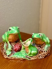Vintage Ceramic Green Frog Family Planter Pot Toothpick Holder picture