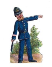 1888 Chromo decoupis, VictoriaN BOBBY POLICE CLUB, Antique Die-Cut Scrap, 2