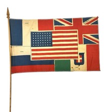 Antique c.1917-1918 WWI Allied Nations Cotton Parade Flag Original Stick picture
