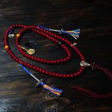 Red Glass 108 Bead Mala 8mm Mahakala Pendant Tibetan Prayer Necklace picture