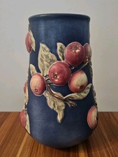 Longaberger Pottery Fall Early Harvest Large Blue Embrossed Apple And Leaf Vase picture