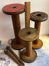 Vtg Wooden Textile Spools Primitive Industrial - Set Of 3  (S,M,L) + 2 bobbins picture