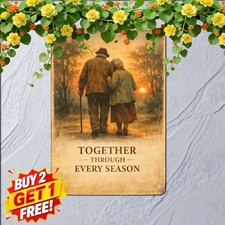 Romantic Elderly Couple Walking Hand In Hand Together Plaque Metal Tin Sign picture