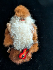 Vintage Handcrafted Rustic Santa Figurine Fur/Fabric/Wood 7in Red Skis picture