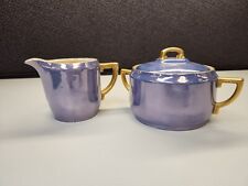 hutschenreuther selb Lusterware Sugar & Lid and Creamer Blue & Peach Gold picture