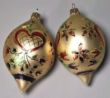 2 Vintage Hand Painted Hearts Blown Glass Teardrop Christmas Ornaments 4.5