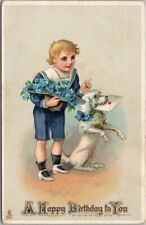 1913 Tuck's HAPPY BIRTHDAY Postcard Boy in Sailor Suit / DOG w/ Letter in Mouth picture