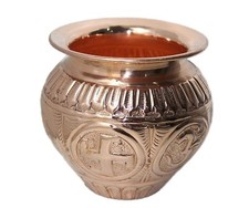 Hindu Arti Pure Copper Pooja Item Pot Engraved Symbols Prayer Kalash Lota picture