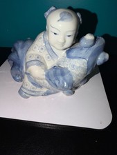 Vintage Blue Asian Chinese Boy Koi Fish Ceramic Porcelain Statue  picture