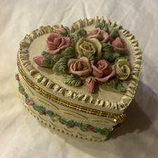 Vintage Hand-Painted, Heart Shaped Floral Trinket Box with Hinged Lid, Gold Trim picture