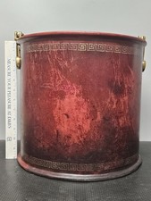 Vtg Maitland Smith Leather Wrapped Waste Basket/Fire Bucket Brass Handle Insert picture