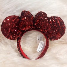 Disney- Parks Dark Red Velour Sequin Minnie Ears Bow Mickey Mouse Headband NWT picture