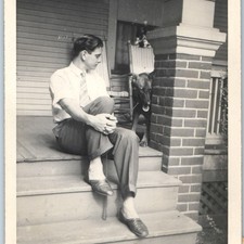 c1940s Handsome Man Porch German Shepherd Dog Pet 5