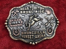 X~Treme INDIAN Bronc Riding☆1984☆RODEO CHAMPION TROPHY BUCKLE☆BRONCZILA☆Rare☆W25 picture