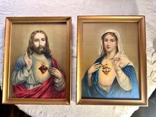 Vtg Framed Pair Sacred Heart of Jesus & Immaculate Heart of Mary Prints 13 X 10” picture