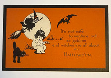 Gibson Halloween Postcard-Witch Black Cat & Bat-Orange Black White Paper picture