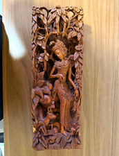 Vintage Balinese Hand Carved Wood Panel Woman Deer Indonesia 15.5” picture