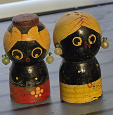 Vintage Japan Wooden Figural Salt Pepper Shakers Hand Painted Bead Earrings MCM picture