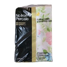 Vtg JCPenney No Iron Percale Standard Pillow Case Set Of 2 Floral Pink Green picture