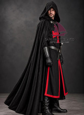 ZAIN Medieval Templar Costume Black Crusader Tunic W/Red Cross & Hooked Cloak picture