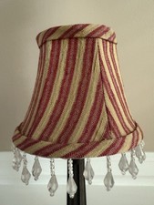 Vintage Victorian Red & Yellow Striped Fabric Clip On Lamp Shade W/Beaded Fringe picture