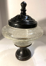 Vintage Large Crackle Glass Jar Pedestal Base Pierced Lid Potpourri Holder 12.5” picture