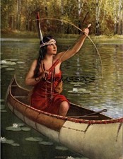 Antique 1926 Art Deco PinUp Print Indian Maiden Minneota Bow & Arrow Canoe picture