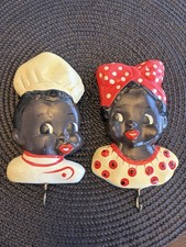 Vintage Black Americana Chalkware Kitchen Wall Plaques Chef Woman Hooks Pair 6” picture