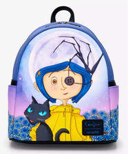 Loungefly Mini Backpack: Coraline Button Eye Cat Moon Flower Blue Purple picture