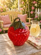 Adorable Vintage Red & Green Strawberry Cookie Jar 1975 Hand Crafted Ceramic picture