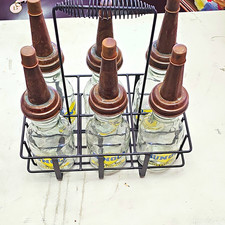 Sunoco Motor Oil Glass Bottles Metal Carrier Rack Gas & Oil Clear picture